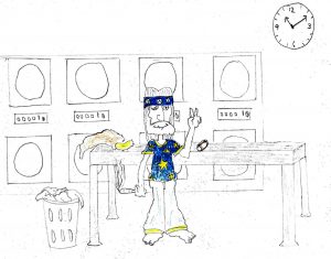 Hippie in a Laundromat - drawing by Harvey Dog 2020